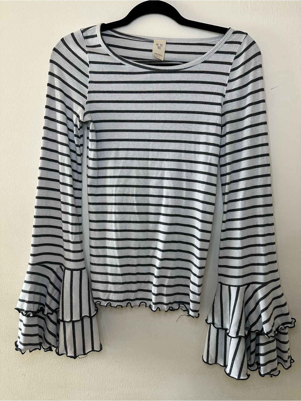 We The Free Grey & White Striped Ruffle Bell-Sleeve Top